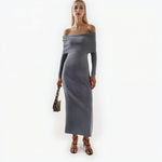 Load image into Gallery viewer, Gray Off Shoulder Long Sleeve Knit Dress Wool