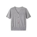 Load image into Gallery viewer, Women's Custom Blue V-Neck Short Sleeve Button-Front Wool Knit Cardigan | OEM/ODM Knitwear Manufacturer
