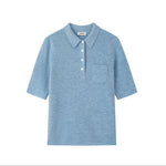 Load image into Gallery viewer, Women's Custom Blue Polo Collar Short Sleeve Wool Knit Sweater | OEM/ODM Knitwear Manufacturer