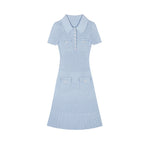 Load image into Gallery viewer, Women's Custom Misty Blue Polo Collar Short Sleeve Knit Dress