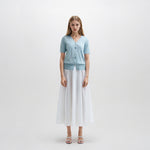 Load image into Gallery viewer, Women's Custom Blue V-Neck Short Sleeve Button-Front Wool Knit Cardigan | OEM/ODM Knitwear Manufacturer
