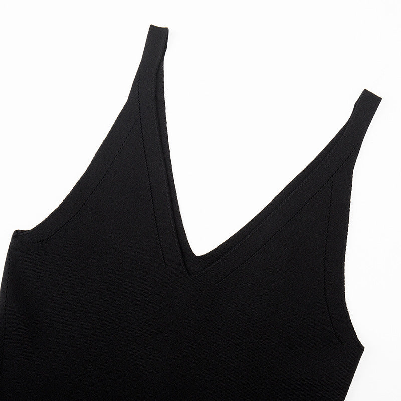 Women's Custom Black V-Neck Spaghetti Strap Knit Maxi Dress | OEM/ODM Knitwear Manufacturer