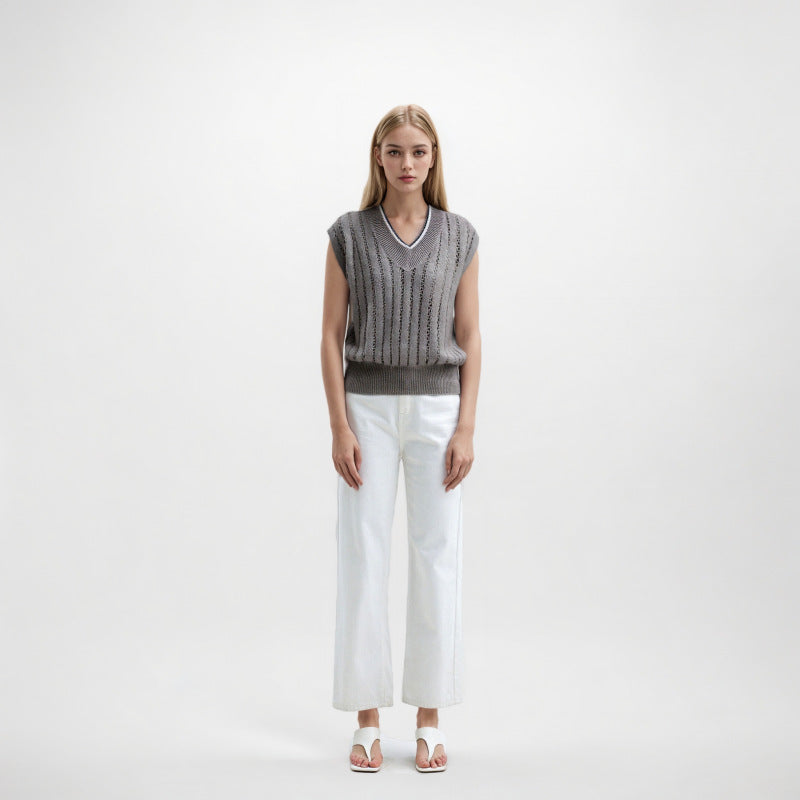 Women's Custom V-Neck Sleeveless Linen Knit Top | OEM Wholesale