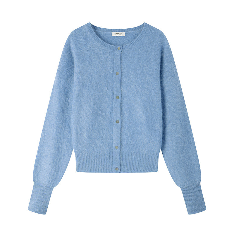 Camel Round Neck Long Sleeve Knit Cardigan Wool