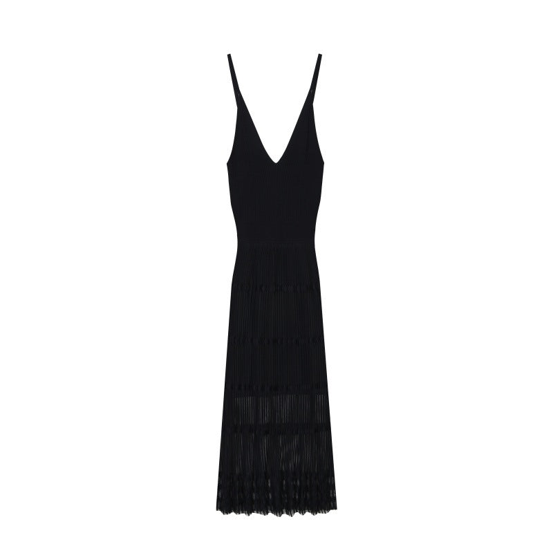 Women's Custom Black V-Neck Sleeveless Knit Dress | OEM/ODM Knitwear Manufacturer