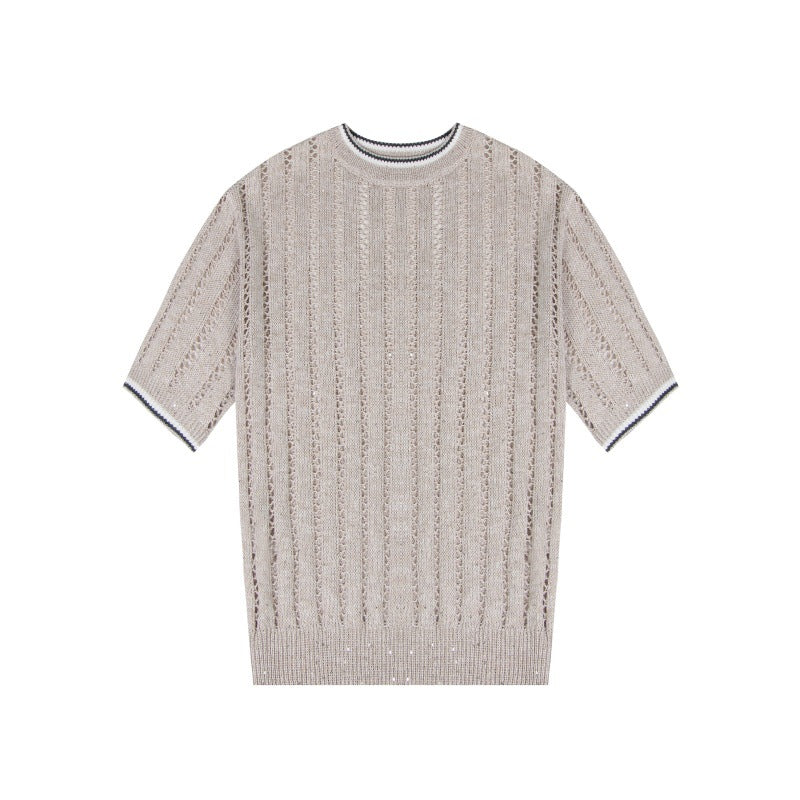 Women's Custom Apricot Round Neck Short Sleeve Linen Knit Sweater | OEM Wholesale