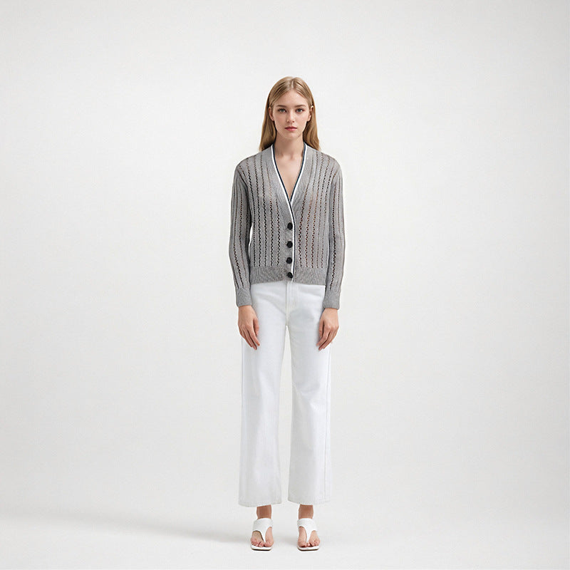 Women's Custom Gray V-Neck Long Sleeve Knit Sweater | Cotton OEM