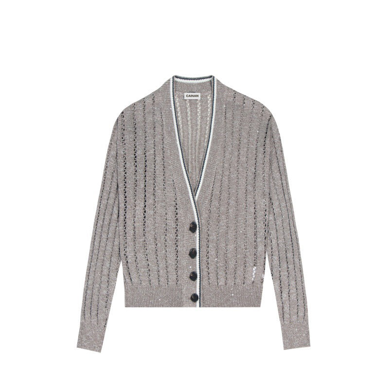 Women's Custom Gray V-Neck Long Sleeve Knit Sweater | Cotton OEM