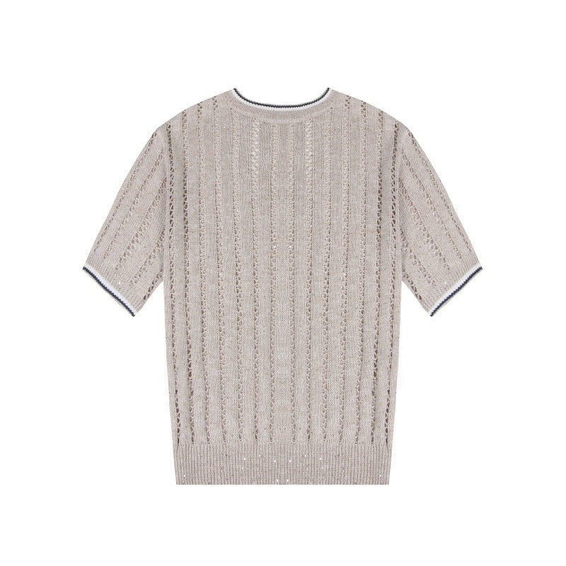 Women's Custom Apricot Round Neck Short Sleeve Linen Knit Sweater | OEM Wholesale