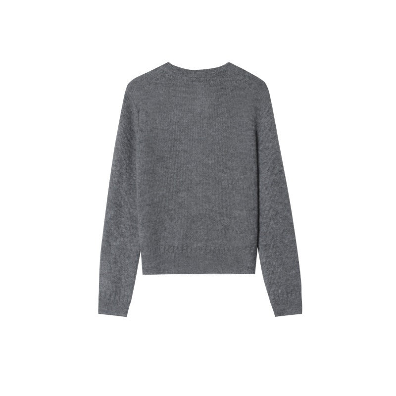 Gray Round Neck Long Sleeve Knit Cardigan Wool