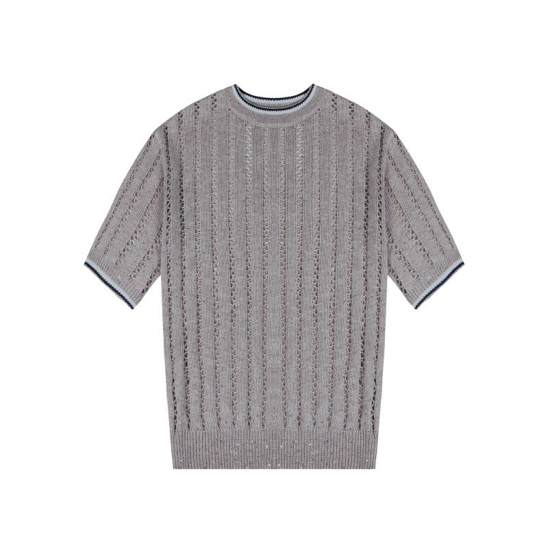 Women's Custom Apricot Round Neck Short Sleeve Linen Knit Sweater | OEM Wholesale