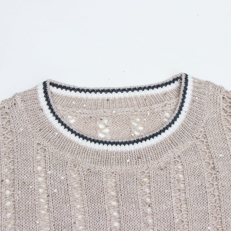 Women's Custom Apricot Round Neck Short Sleeve Linen Knit Sweater | OEM Wholesale