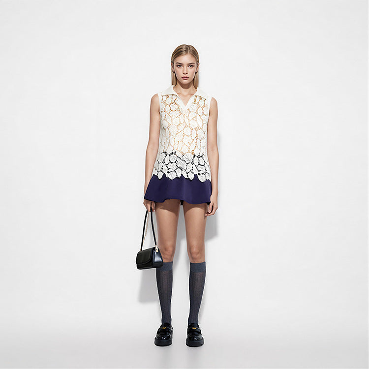 Women's Custom White Polo Collar Sleeveless Cotton Knit Top | OEM/ODM Knitwear Manufacturer