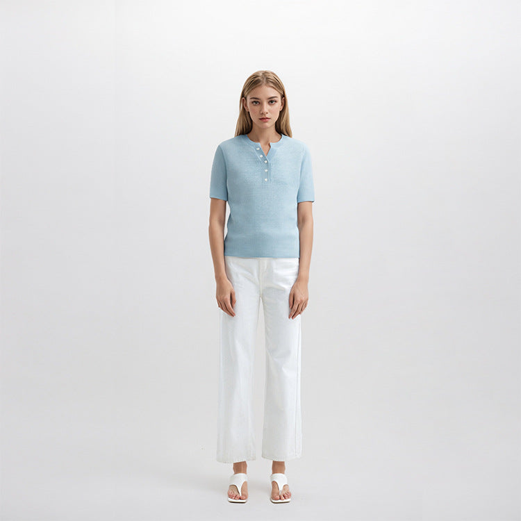 Women's Custom Blue V-Neck Short Sleeve Wool Knit Sweater | OEM/ODM Knitwear Manufacturer