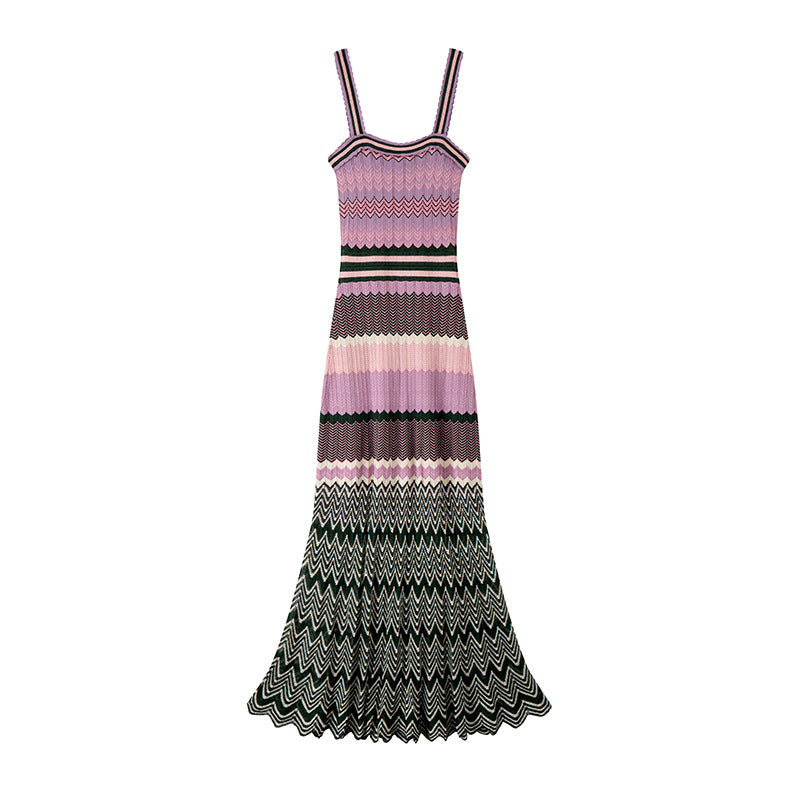 Women's Custom Stripe Straight Neck Sleeveless Knit Maxi Dress | OEM/ODM Knitwear Manufacturer