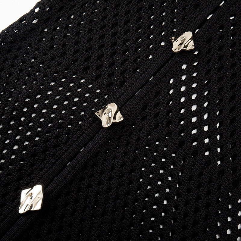 Women's Custom Black V-Neck Button-Front Mesh Knit Maxi Dress | OEM/ODM Knitwear Manufacturer
