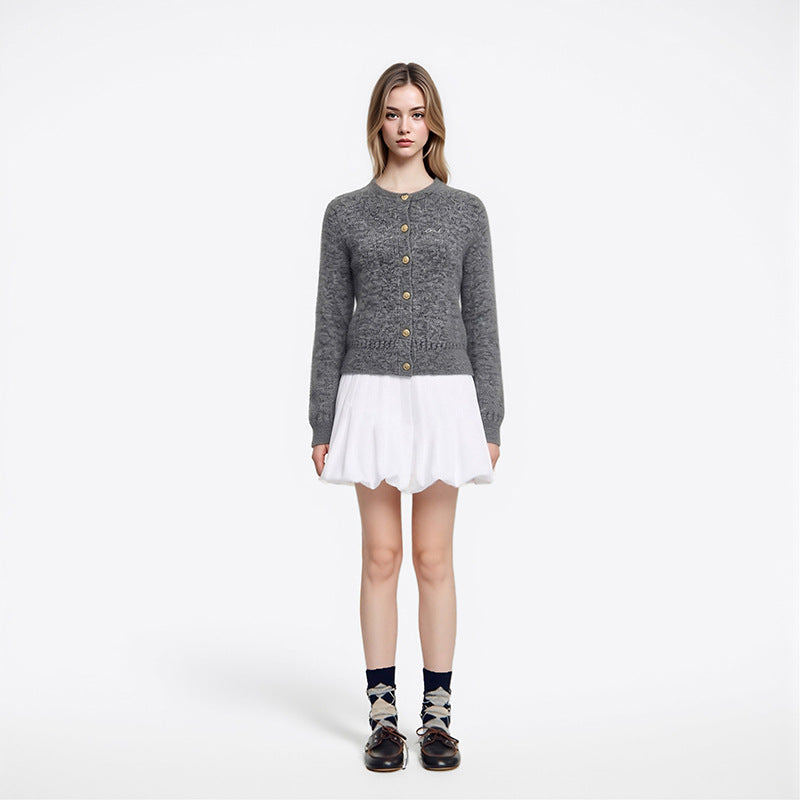 Gray Round Neck Long Sleeve Knit Cardigan Wool