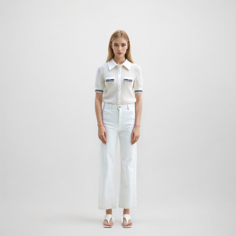 Women's Custom White Polo Collar Short Sleeve Cotton Knit Sweater | OEM/ODM Knitwear Manufacturer