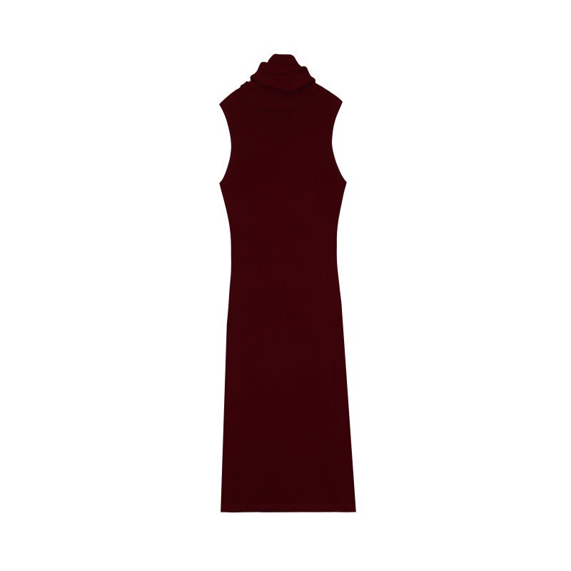 Red High Neck Sleeveless Knit Dress Wool