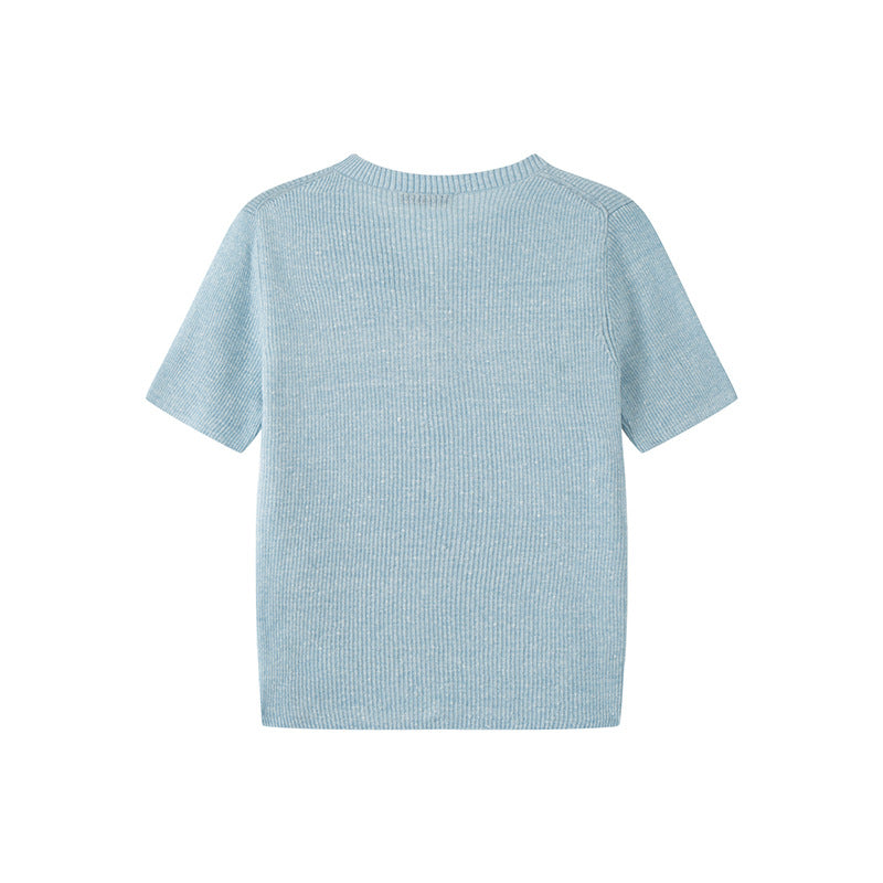 Women's Custom Blue V-Neck Short Sleeve Wool Knit Sweater | OEM/ODM Knitwear Manufacturer