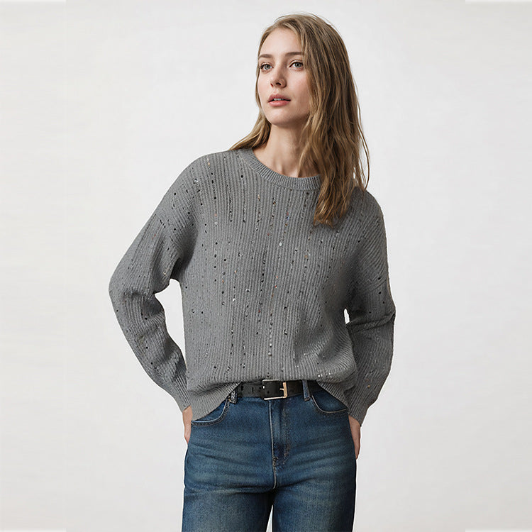 Gray Round Neck Long Sleeve Knit Sweater Wool