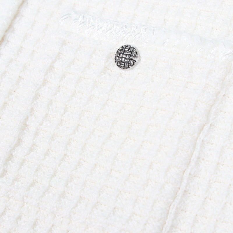 Women's Custom White Round Neck Long Sleeve Knit Cardigan | OEM/ODM Knitwear Manufacturer