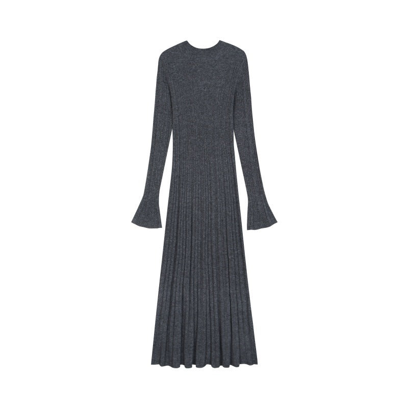Women's Custom Gray High Neck Long Sleeve Wool Knit Dress | OEM/ODM Knitwear Manufacturer