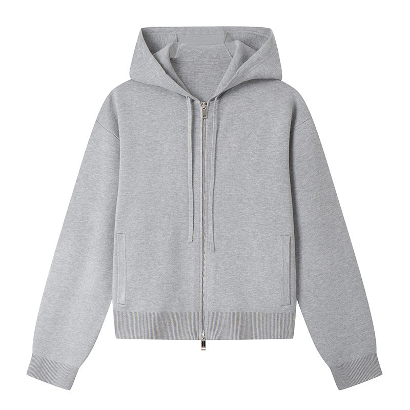 Women's Custom Gray Hooded Long Sleeve Knit Sweater | OEM/ODM Knitwear Manufacturer
