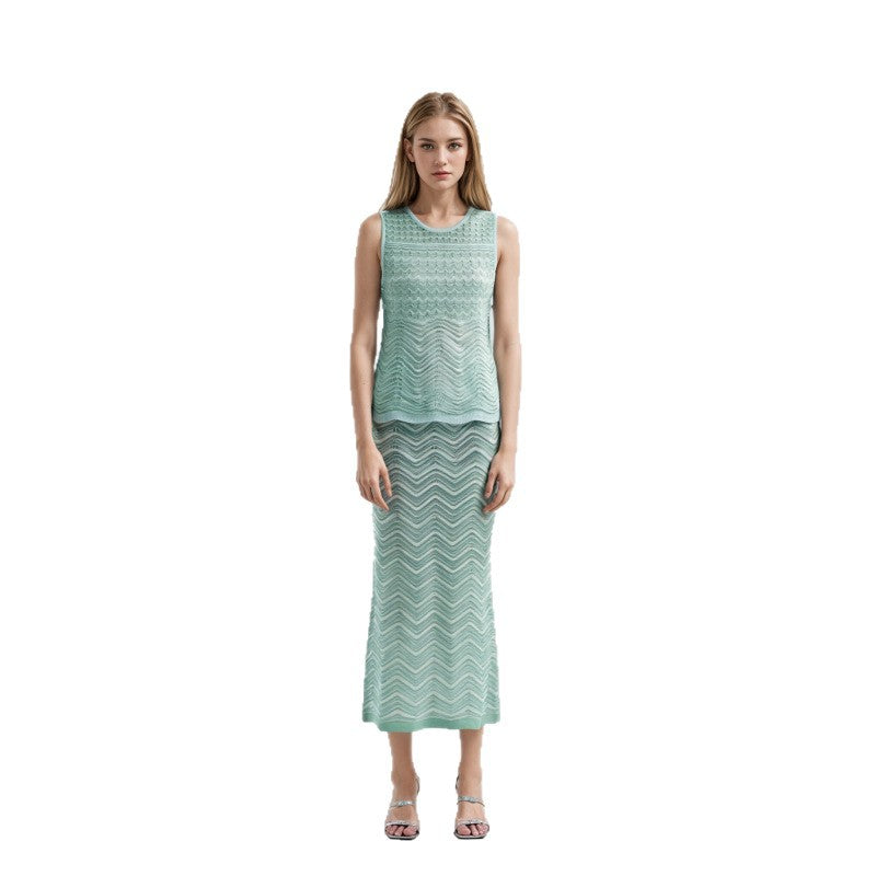 Women's Custom Light Blue Knit Top & Dress Set | OEM/ODM Knitwear Manufacturer