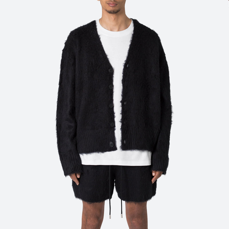 Custom OEM & ODM Men Two Piece Short Set Sweater Fuzzy Long Sleeve Cardigan Knitted Shorts Knitwear Men Mohair Set