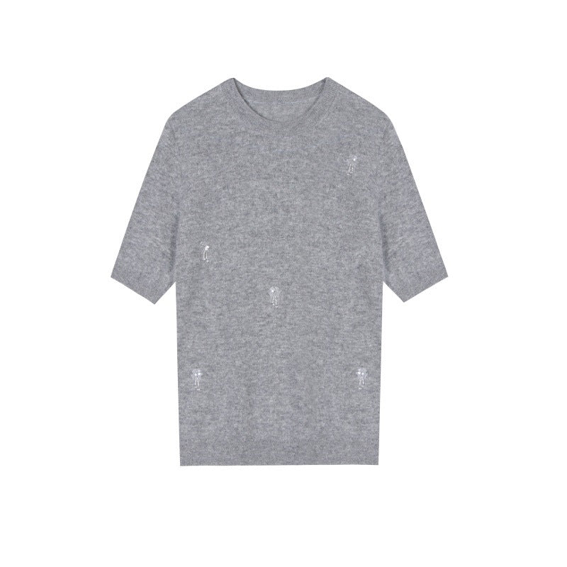 Gray Round Neck Short Sleeve Knit Sweater Wool