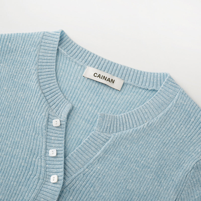 Women's Custom Blue V-Neck Short Sleeve Wool Knit Sweater | OEM/ODM Knitwear Manufacturer