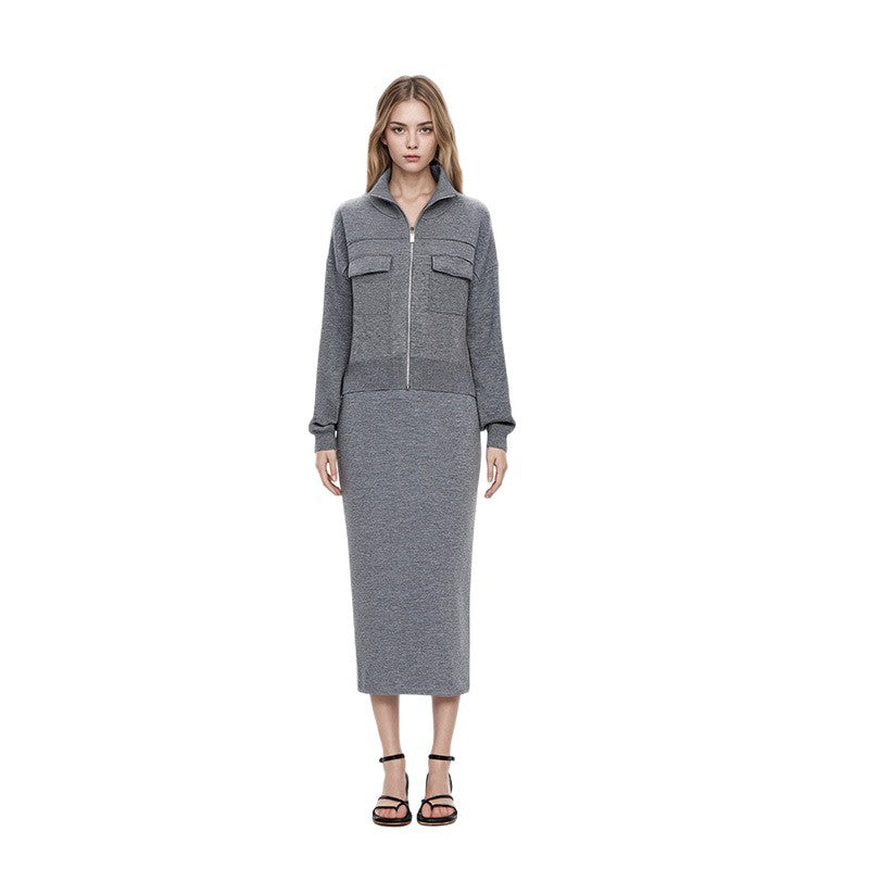 Gray Lapel Long Sleeve Knit Sweater Wool