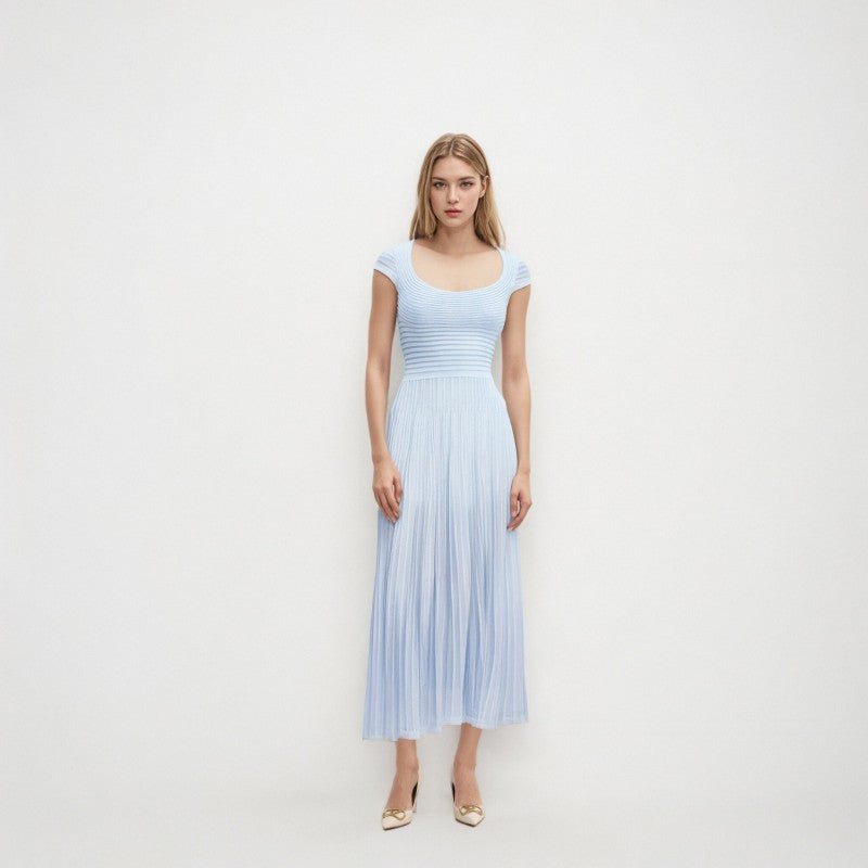 Blue Square Neck Short Sleeve Knit Dress