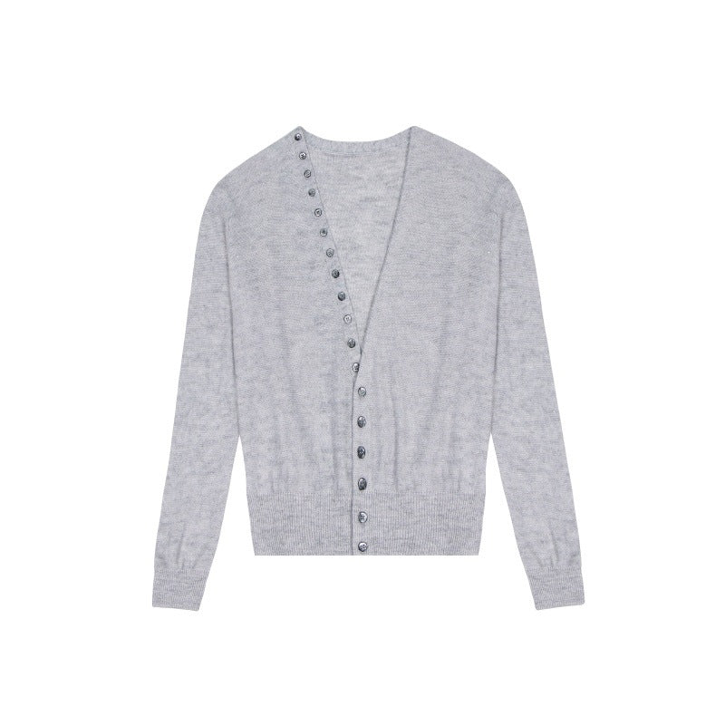 Women's Custom Gray V-Neck Long Sleeve Wool Knit Cardigan | OEM/ODM Knitwear Manufacturer