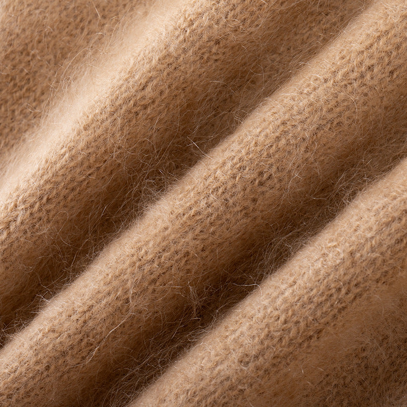 Camel Round Neck Long Sleeve Knit Cardigan Wool