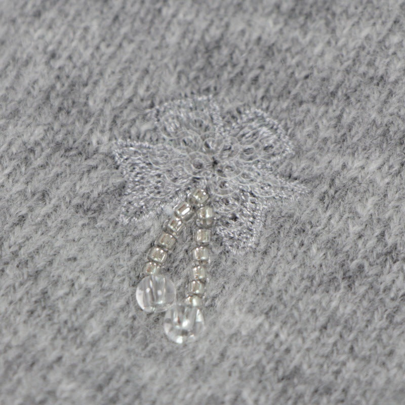 Gray Round Neck Long Sleeve Knit Cardigan Wool
