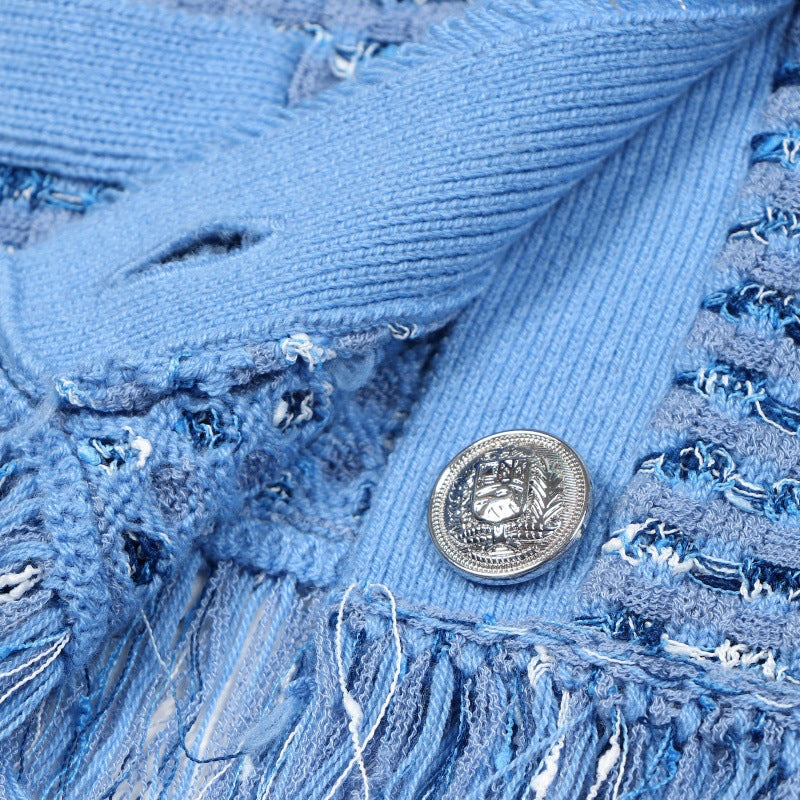Women's Custom Blue Round Neck Long Sleeve Wool Knit Sweater | OEM/ODM Knitwear Manufacturer