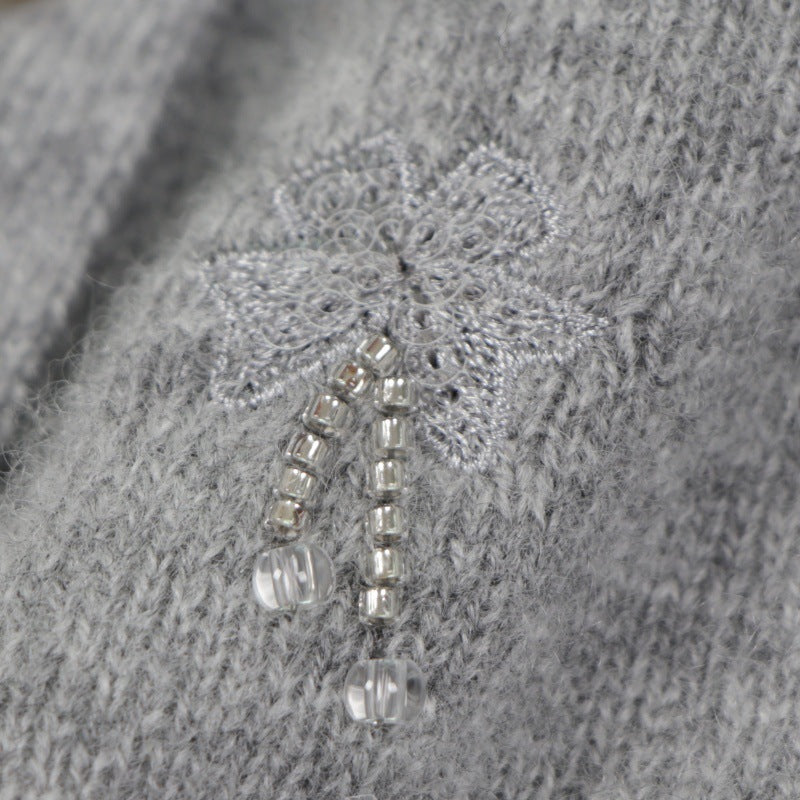 Gray Round Neck Long Sleeve Knit Cardigan Wool