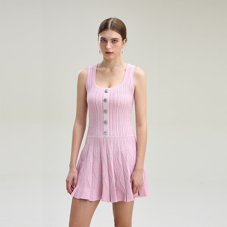 Pink Square Neck Sleeveless Knit Dress