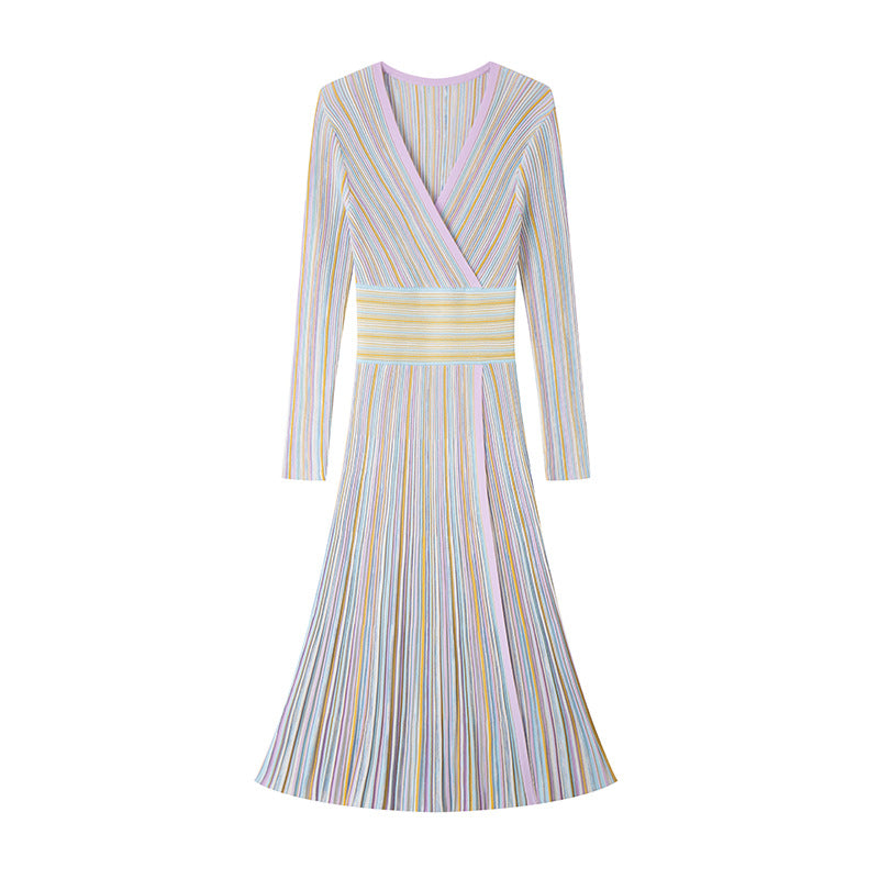 V Neck Long Sleeve Knit Dress Silk