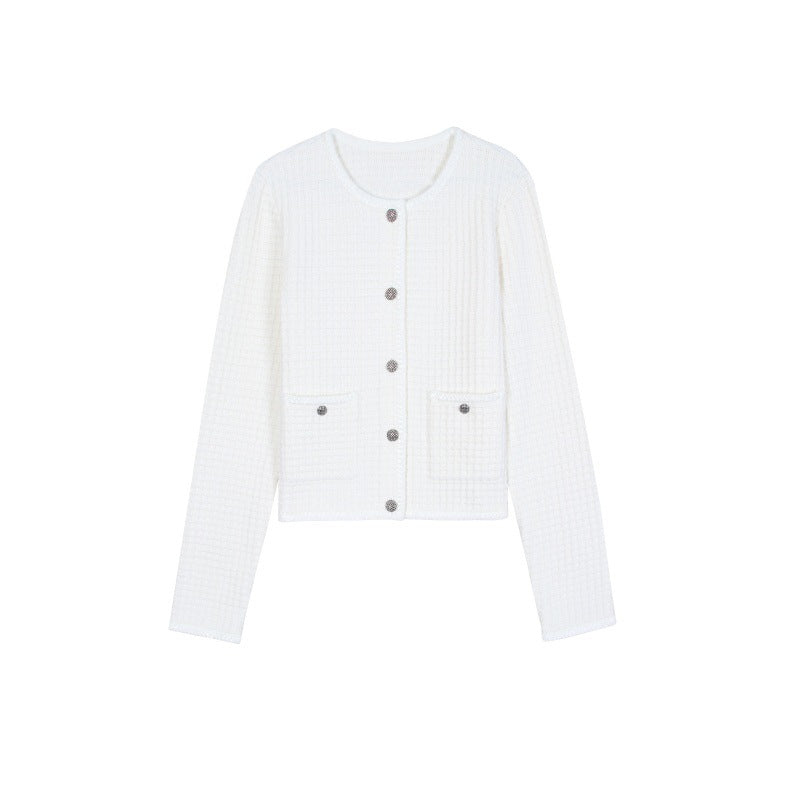 Women's Custom White Round Neck Long Sleeve Knit Cardigan | OEM/ODM Knitwear Manufacturer