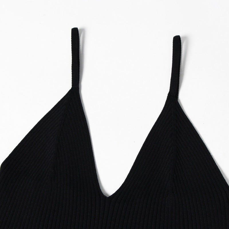 Women's Custom Black V-Neck Sleeveless Knit Dress | OEM/ODM Knitwear Manufacturer