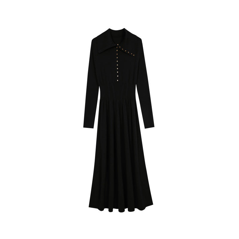 Coffee Lapel Long Sleeve Knit Dress Wool