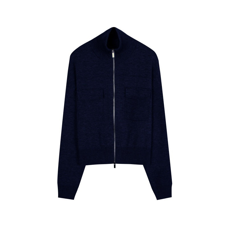 Gray Lapel Long Sleeve Knit Sweater Wool