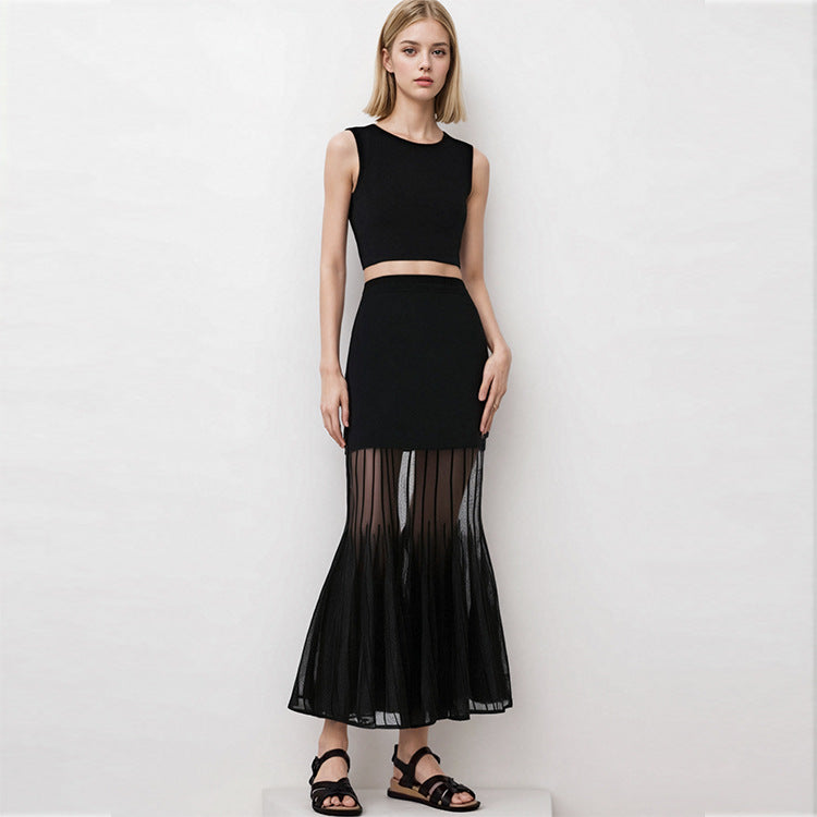 Black Round Neck Sleeveless Knit Skirt
