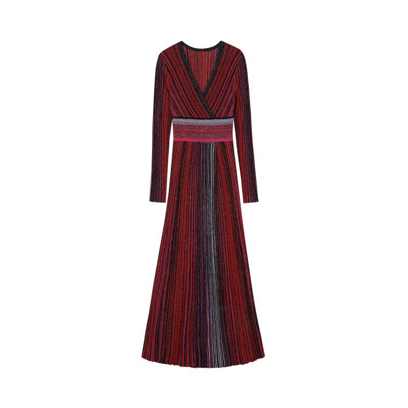 Women's Red V-Neck Long Sleeve Knit Dress