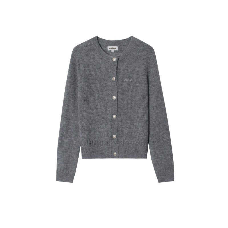 Gray Round Neck Long Sleeve Knit Cardigan Wool