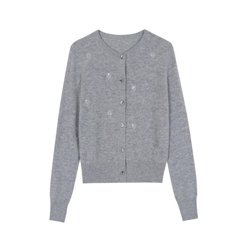 Gray Round Neck Long Sleeve Knit Cardigan Wool