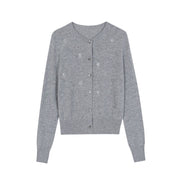 Gray Round Neck Long Sleeve Knit Cardigan Wool